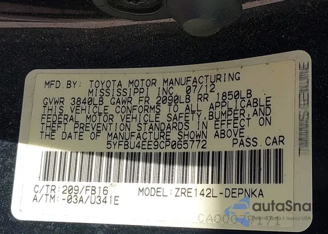 2012 Toyota Corolla Le из США, поврежденный, VIN 5YFBU4EE9CP065772